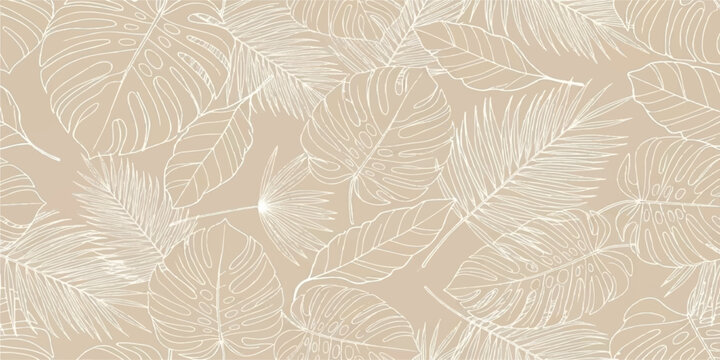 Soft beige tropical paradise: seamless pattern with delicate white outlined leaves