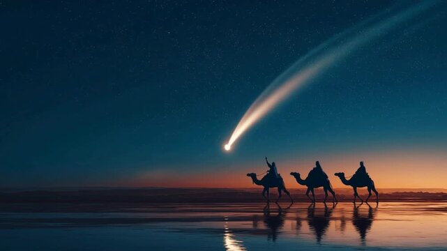 biblical scene of three kings traveling on camels after a comet in search of the son of god; copy space