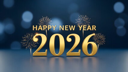 Happy new year 2026 celebration with gold text and fireworks