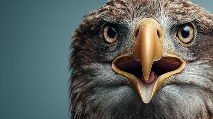 Close-up portrait of an eagle with a surprised expression in soft light against a light blue background