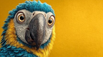 Close-up portrait of a parrot showing shock with vivid colors, detailed feathers, and bright eyes on a smooth yellow background in soft light
