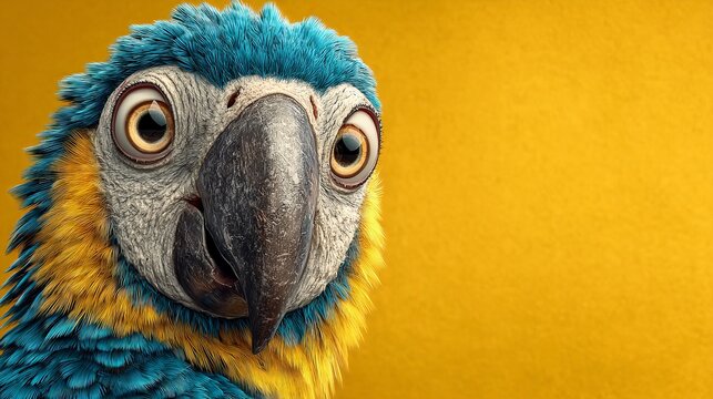 Close-up portrait of a parrot showing shock with vivid colors, detailed feathers, and bright eyes on a smooth yellow background in soft light