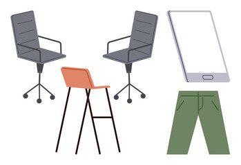 Fototapeta premium Three types of seating, smartphone, and green pants arranged conceptually. Ideal for workspaces, fashion, technology, minimalism, collaboration interior design and creativity. Simple flat metaphor