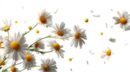 Obraz premium A collection of vibrant white daisies with bright yellow centers, delicately scattered, set against a clean white backdrop. Petals and flowers create a sense of movement and freshness.
