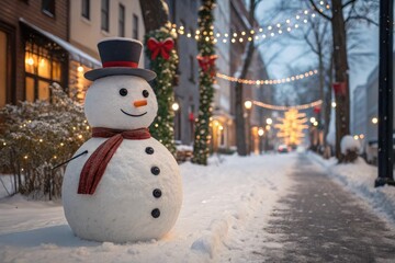 Obraz premium Snowman Stands on a Snowy Street During Winter Holiday Season