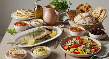 Side View of Rustic Mediterranean Table with Vegetables, Herbs & Artisan Bread