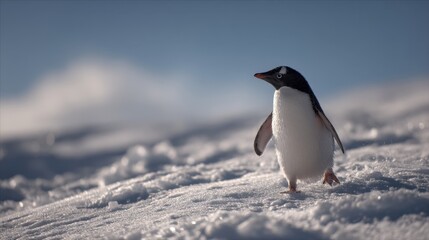 Fototapeta premium A gentoo penguin stands on a snowy surface under a bright sky. The penguin appears alert and curious while exploring its icy surroundings in Antarctica during daytime.