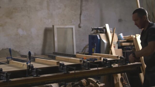 Craftsman Examines Old Wood Materials, Skilled Worker Reviews Aged Wooden Components Carefully. Media