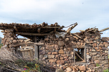 local architectural structure, ruined wreckage, natural stone and wooden support system,  Balıkesir,  TURKEY