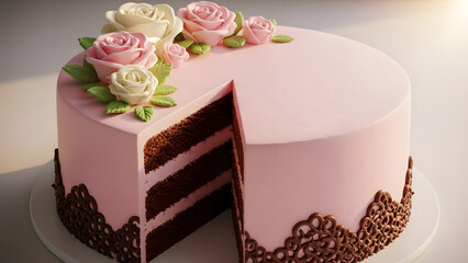 Valentine&rsquo;s Day cake ideas with chocolate sponge, cream layers, and pastel flower arrangement on pink surface