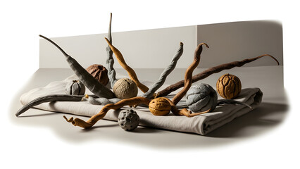 Obraz premium Dried seed pods arranged over linen fabric in a minimalist indoor composition, organic textures and elegant visual balance. Isolated on White background.