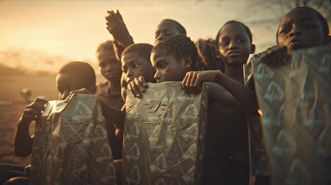 Children look on with curiosity during sunset in a rural community in Africa, capturing a moment of innocence and wonder
