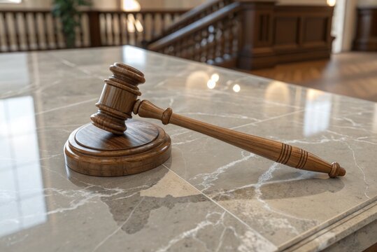 Court Gavel Rests on Marble Surface in a Courtroom During a Session