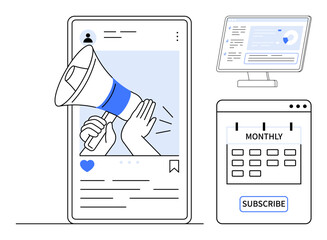 Digital advertising, content promotion, marketing strategy, subscriptions, social media, analytics. Megaphone on a smartphone screen, calendar and data on a monitor. Digital advertising and content