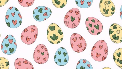 Soft Pastel Easter Egg Pattern With Cute Hand Drawn Hearts And Floral Leaves On Clean White Background For Spring Holiday Branding