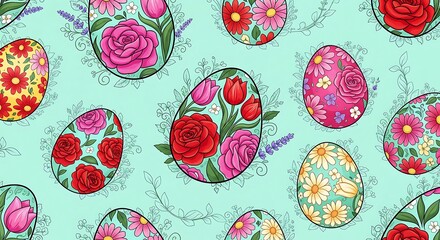 Seamless Floral Easter Egg Pattern With Hand Drawn Spring Flowers On Soft Mint Background For Festive Branding Wrapping Paper And Seasonal Lifestyle Design