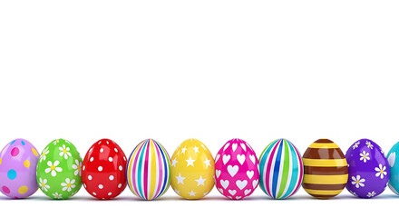 Colorful Easter Eggs Row On Clean White Background for Customize Texts With Playful Patterns For Spring Holiday Advertising And Festive Design Concept