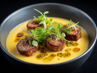 Gourmet sausage slices serving with creamy soup and microgreens