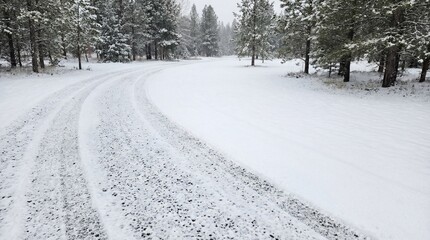 Snow on gravel driveway in winter landscape with trees and untouched snow covering ground. Scenic view highlights snowy gravel driveway winding through winter wonderland of trees and white blanket.