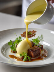 Chef pouring sauce on gourmet beef main course