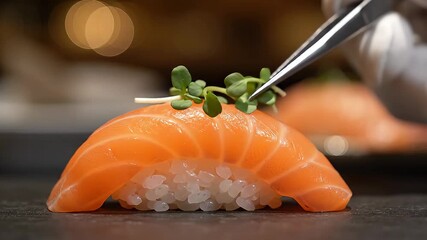 A skilled chef meticulously garnishes a fresh piece of vibrant orange salmon nigiri sushi with delicate microgreens using precision tweezers showcasing the artistry and attention to detail in Japanes.