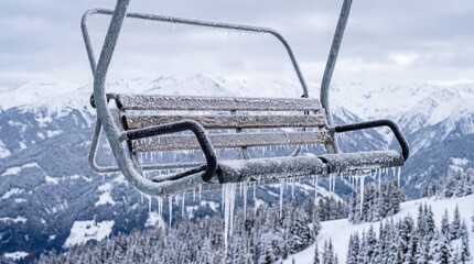 Ice on ski lift chair surrounded by wintery mountain landscape with snow-covered trees and cloudy sky. Ice on ski lift chair highlights chilly temperature and seasonal beauty of winter scenery.