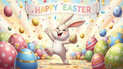 Cheerful easter bunny amidst decorated eggs and colorful confetti celebration scene