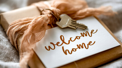 A "welcome home" card with a key, and a gift tied with an elegant ribbon symbolize new beginnings and the excitement of owning a home.