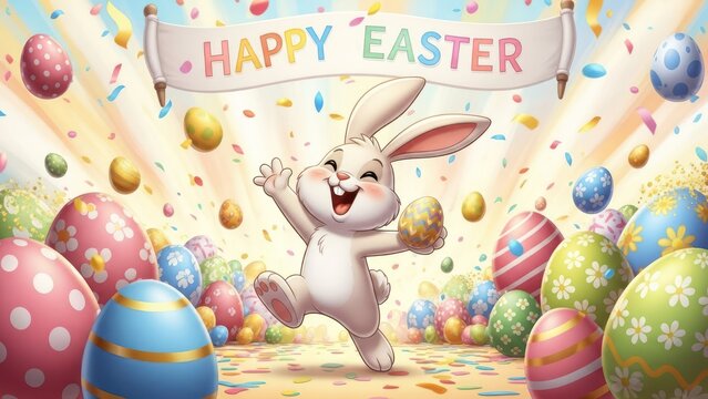 Cheerful easter bunny amidst decorated eggs and colorful confetti celebration scene - Powered by Adobe
