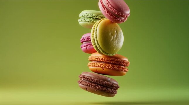 Colorful macarons stacked in a creative way on a green background