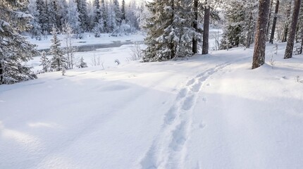 Obraz premium Tranquil winter landscape with snowy path leading through tranquil forest and river in background. Soft snow covers ground with footprints marking peaceful walk through winter wonderland.