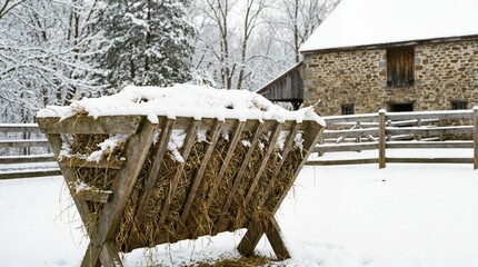 Snow-covered hay rack in winter landscape with rustic barn in background. Winter scenery includes snowy hay feeder surrounded by trees and wooden fence.