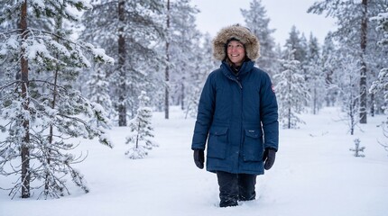 Person walking in snowy forest wearing warm coat with fur hood, surrounded by winter landscape and snow-covered trees. Winter scene highlights enjoyment of snow activities. Concept winter experiences.