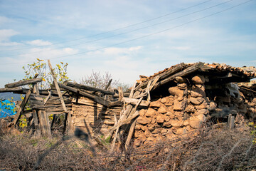 local architectural structure, ruined wreckage, natural stone and wooden support system,  Balıkesir,  TURKEY