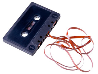A cassette tape with unrolled tape for recording music. Isolated background.
