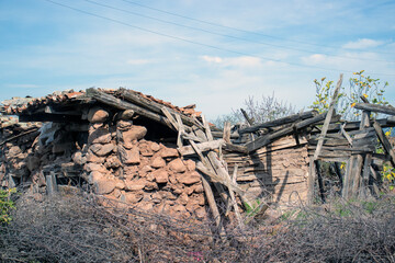 local architectural structure, ruined wreckage, natural stone and wooden support system,  Balıkesir,  TURKEY