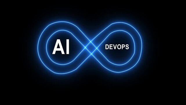 Futuristic AI and Dev Ops infinity symbol glowing blue on a digital circuit board background Artificial Intelligenc 4k video...