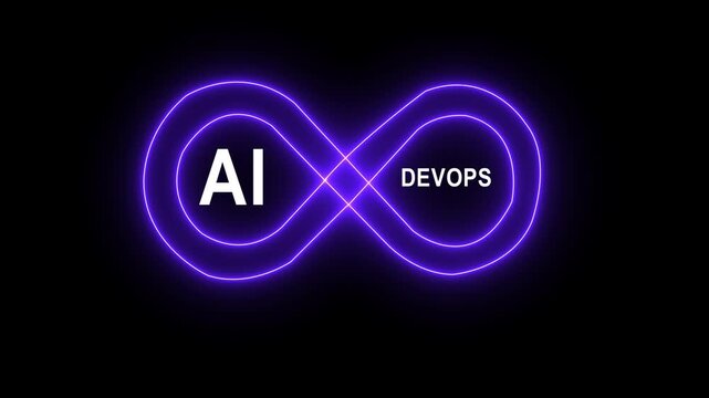 Futuristic AI and Dev Ops infinity symbol glowing blue on a digital circuit board background Artificial Intelligenc 4k video...