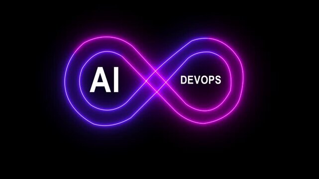 Futuristic AI and Dev Ops infinity symbol glowing blue on a digital circuit board background Artificial Intelligenc 4k video...