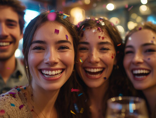 Obraz premium Happy young adult friends laughing at confetti party