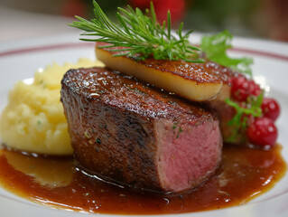 Filet mignon steak with foie gras and mashed potatoes