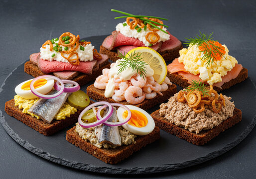 Set of scandinavian snack. Smorrebrod. Traditional Danish open sanwiches, dark rye bread with different topping (3)
