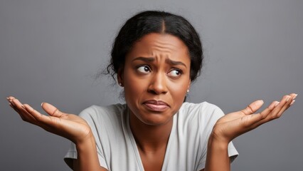 Confused young woman expressing uncertainty with shoulder shrug and questioning look