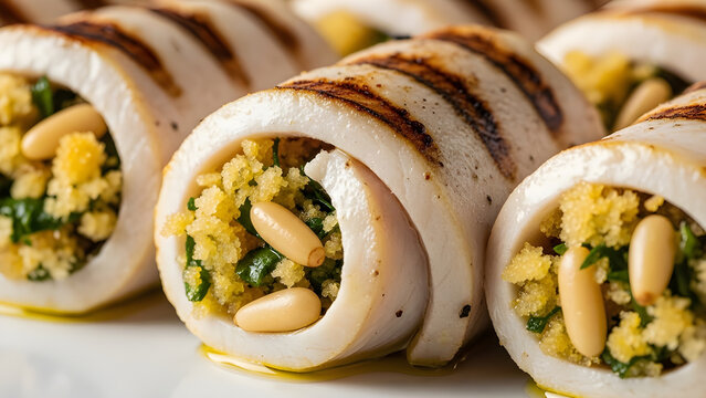 Sicilian swordfish involtini with herbs and pine nuts, photographed with elegant textures and Mediterranean freshness. Isolated on White background