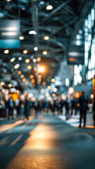 A bustling crowd moves through a brightly lit convention center, the blurred figures hinting at activity and a sense of movement.