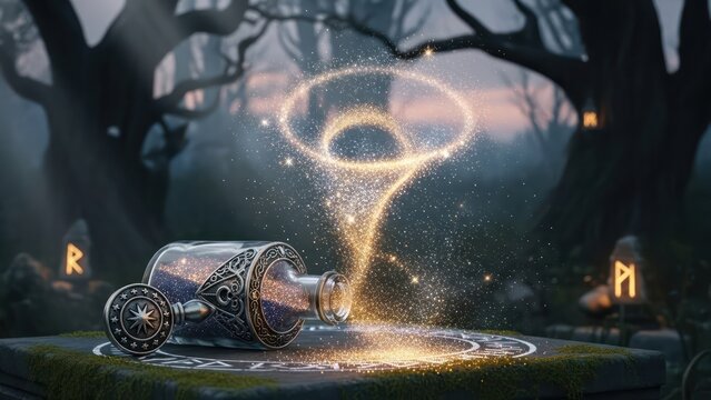 Enchanted elixir emitting swirling light on an ancient stone altar within a mystical forest