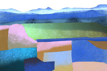 Ilustracja grafika krajobraz pola na tle pas g&oacute;rskich. Hand made drawing.