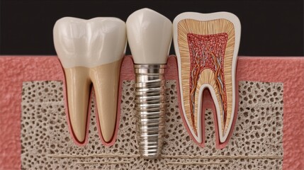 Fototapeta premium Illustration showing a natural tooth, a dental implant, and a tooth cross-section. The image highlights the structure and anatomy for educational and dental purposes.