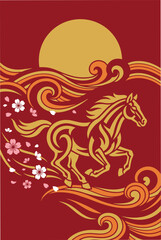 Fototapeta premium Chinese New Year 2026 Year of the Horse Illustration with Cherry Blossoms and Flowing Abstract Designs Festive Holiday Graphic