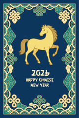 Chinese New Year 2026 Year of the Horse Festive Greeting Card Design with Decorative Border and Traditional Symbols for Celebrations